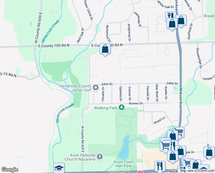 map of restaurants, bars, coffee shops, grocery stores, and more near 6393 Juliet Drive in Avon