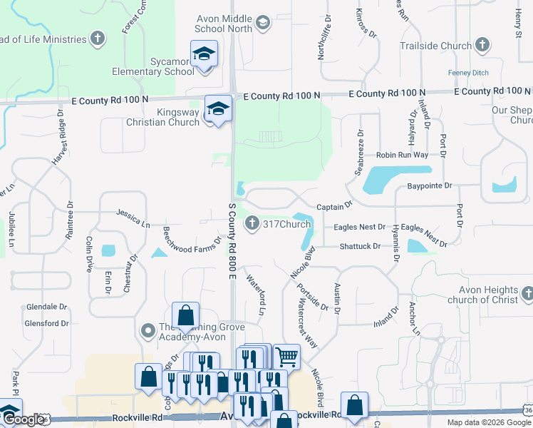 map of restaurants, bars, coffee shops, grocery stores, and more near 8107 Cardinal Street in Avon
