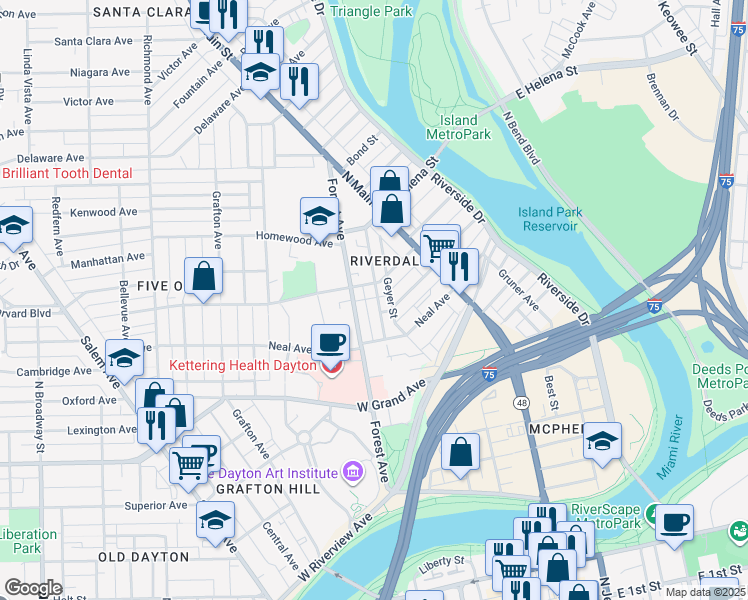 map of restaurants, bars, coffee shops, grocery stores, and more near 453 Brightwood Avenue in Dayton