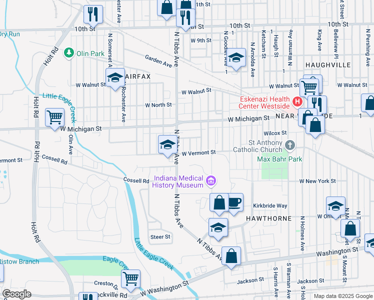 map of restaurants, bars, coffee shops, grocery stores, and more near 408 North Moreland Avenue in Indianapolis