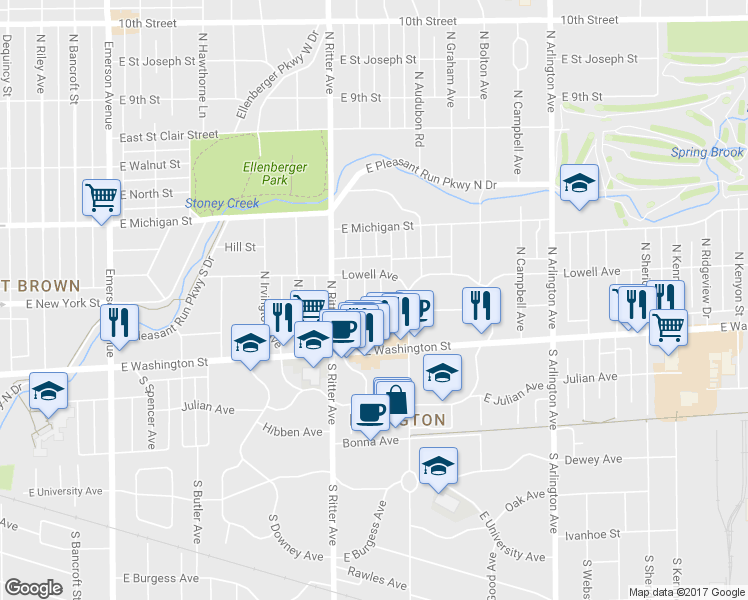 map of restaurants, bars, coffee shops, grocery stores, and more near 59 North Layman Avenue in Indianapolis