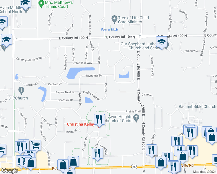 map of restaurants, bars, coffee shops, grocery stores, and more near 629 Port Drive in Avon