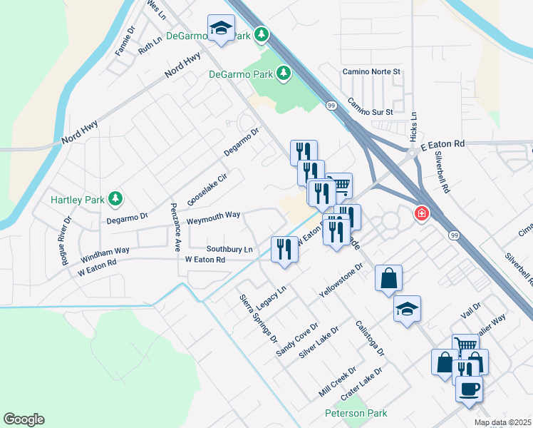map of restaurants, bars, coffee shops, grocery stores, and more near 311 Weymouth Way in Chico