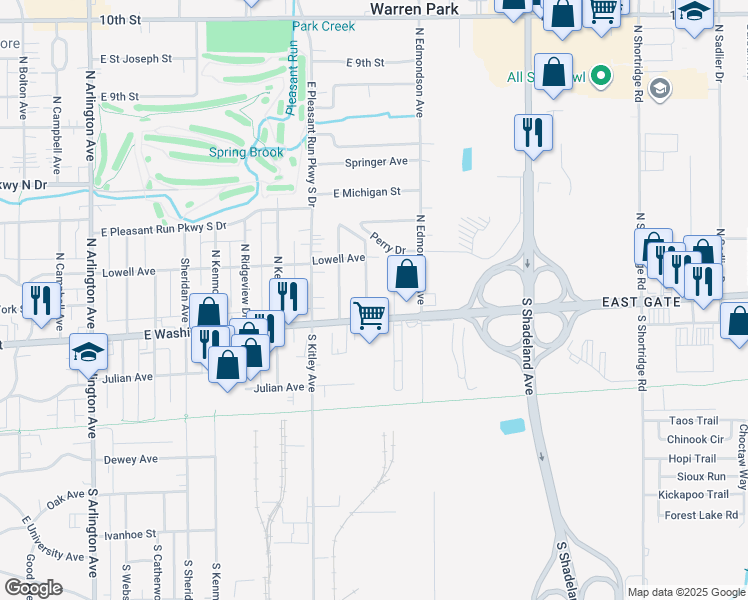 map of restaurants, bars, coffee shops, grocery stores, and more near 25 North Irwin Street in Indianapolis
