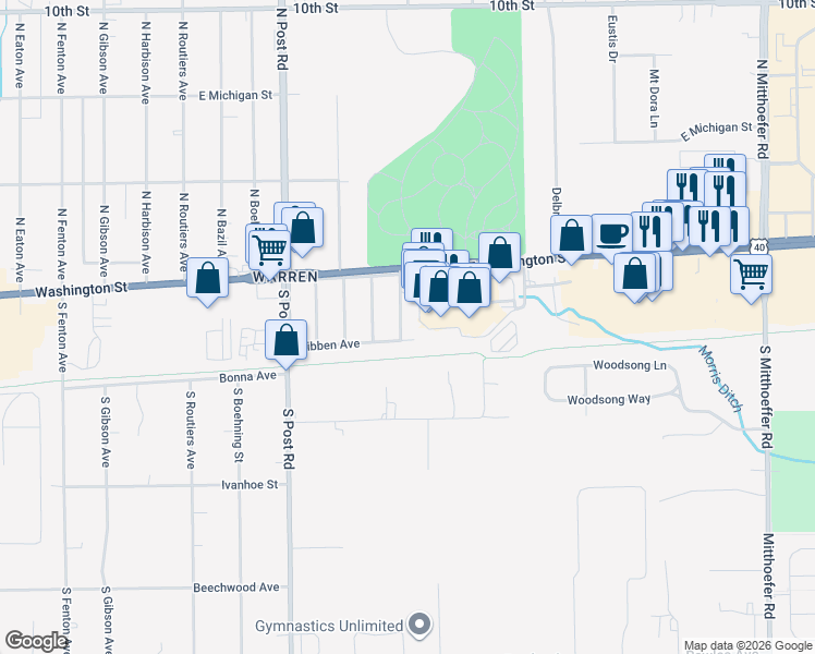 map of restaurants, bars, coffee shops, grocery stores, and more near 135 South Wittfield Street in Indianapolis