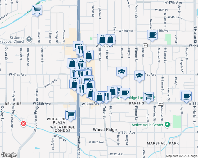 map of restaurants, bars, coffee shops, grocery stores, and more near 4057 Upham Street in Wheat Ridge