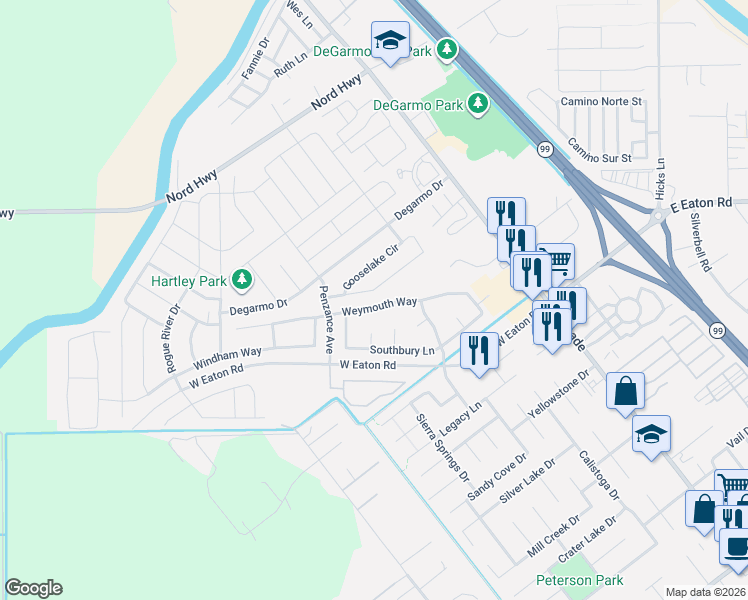 map of restaurants, bars, coffee shops, grocery stores, and more near 372 Weymouth Way in Chico