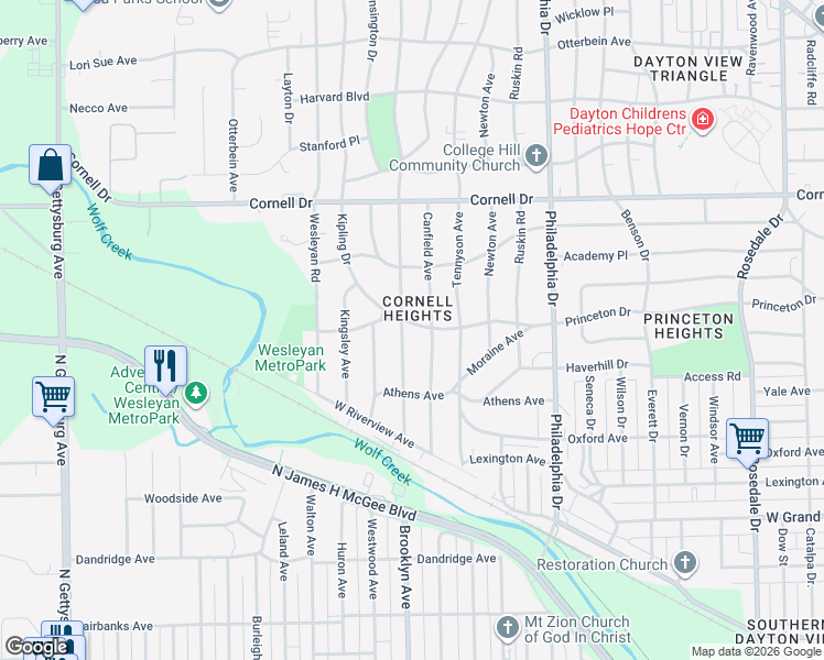 map of restaurants, bars, coffee shops, grocery stores, and more near 3116 Princeton Drive in Dayton