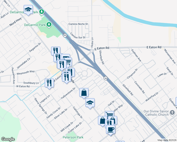 map of restaurants, bars, coffee shops, grocery stores, and more near 80 Independence Circle in Chico