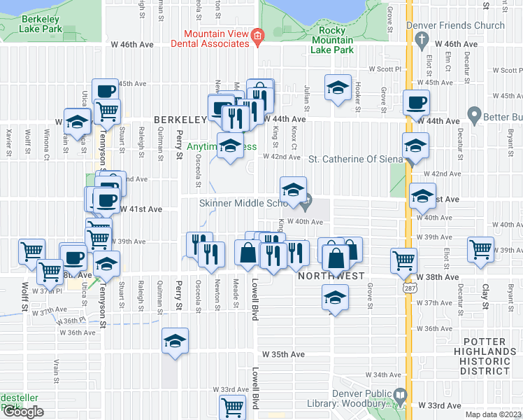 map of restaurants, bars, coffee shops, grocery stores, and more near 4022 Lowell Boulevard in Denver