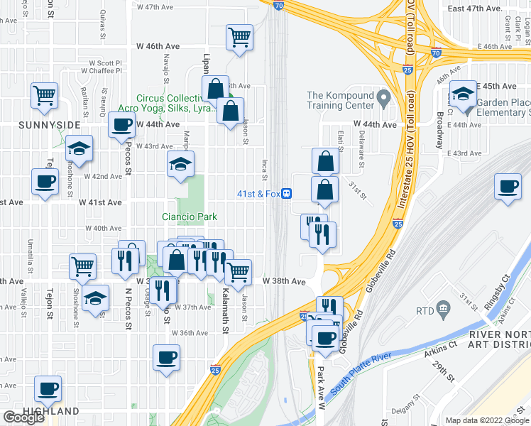 map of restaurants, bars, coffee shops, grocery stores, and more near 4055 Inca Street in Denver