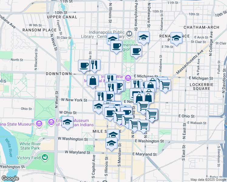 map of restaurants, bars, coffee shops, grocery stores, and more near 350 North Meridian Street in Indianapolis