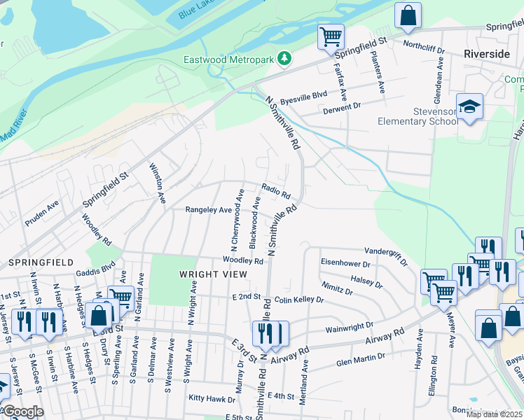 map of restaurants, bars, coffee shops, grocery stores, and more near 1709 Rangeley Avenue in Dayton
