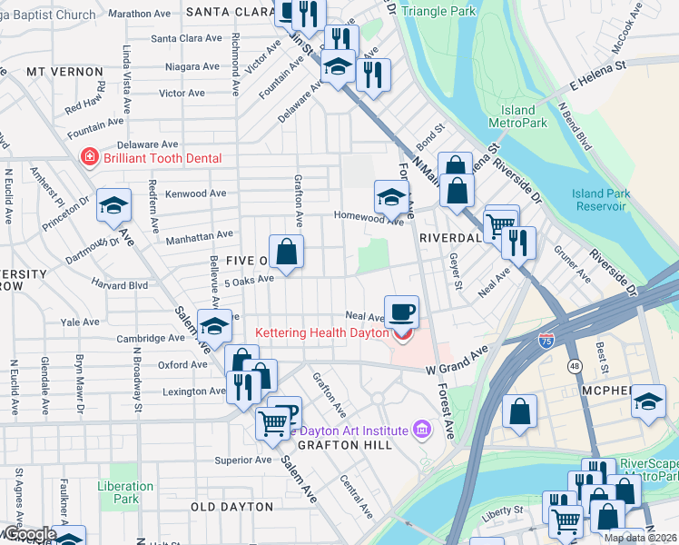 map of restaurants, bars, coffee shops, grocery stores, and more near 909 Old Orchard Avenue in Dayton