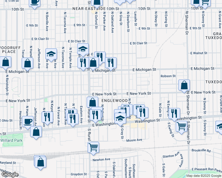 map of restaurants, bars, coffee shops, grocery stores, and more near 320 North Oakland Avenue in Indianapolis