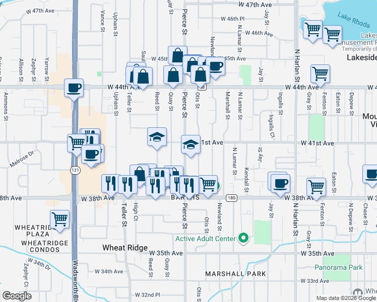 map of restaurants, bars, coffee shops, grocery stores, and more near 4070 Pierce Street in Wheat Ridge