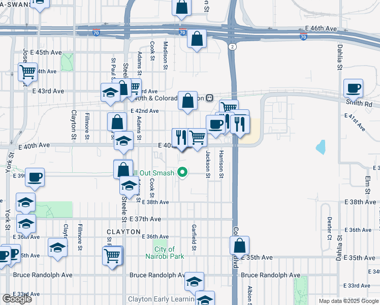 map of restaurants, bars, coffee shops, grocery stores, and more near 3660 East 40th Avenue in Denver