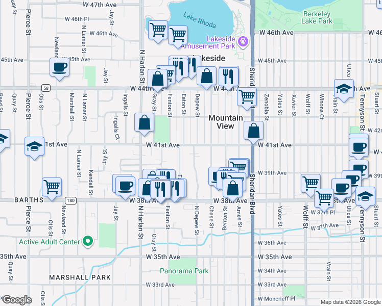 map of restaurants, bars, coffee shops, grocery stores, and more near 4075 Depew Street in Wheat Ridge