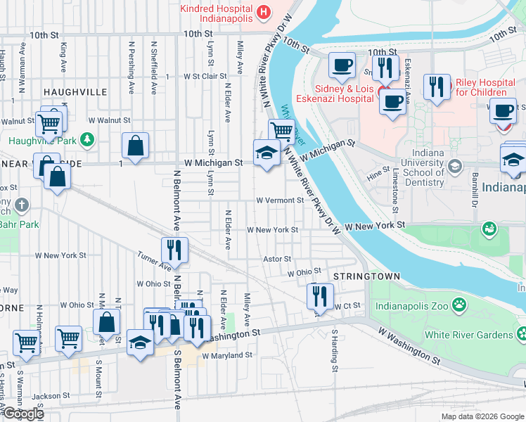map of restaurants, bars, coffee shops, grocery stores, and more near 334 Cable Street in Indianapolis