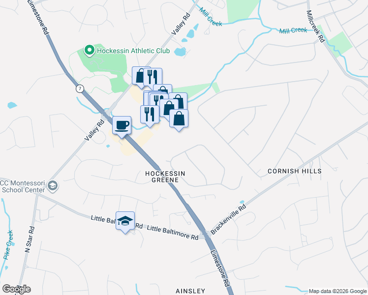 map of restaurants, bars, coffee shops, grocery stores, and more near 313 Sheringham Drive in Hockessin