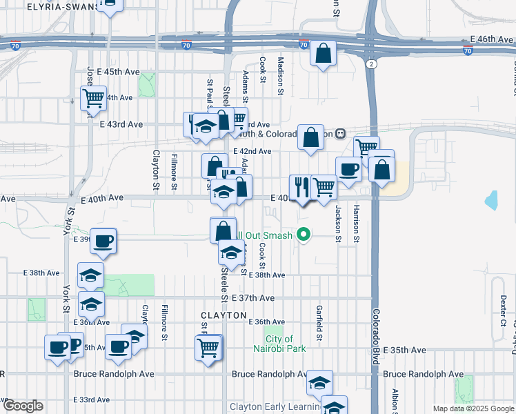 map of restaurants, bars, coffee shops, grocery stores, and more near 3973 Cook Street in Denver