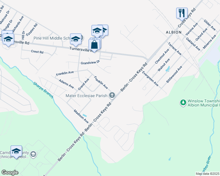 map of restaurants, bars, coffee shops, grocery stores, and more near 10 Franklin Avenue in Berlin