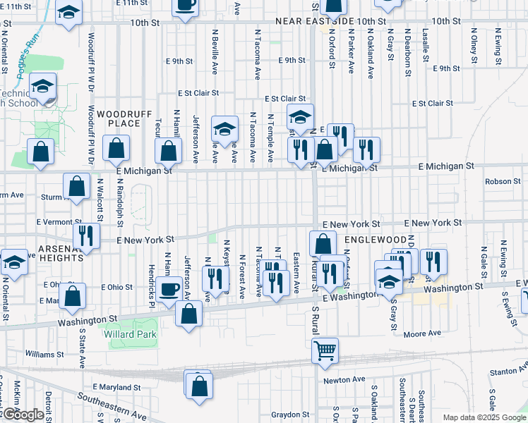 map of restaurants, bars, coffee shops, grocery stores, and more near 325 North Tacoma Avenue in Indianapolis