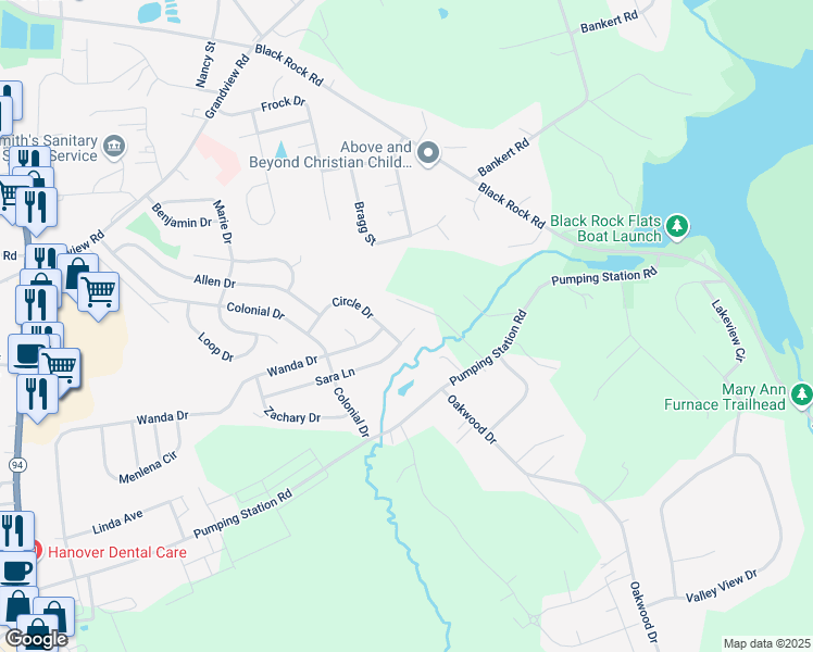 map of restaurants, bars, coffee shops, grocery stores, and more near 190 Sara Ln in Hanover