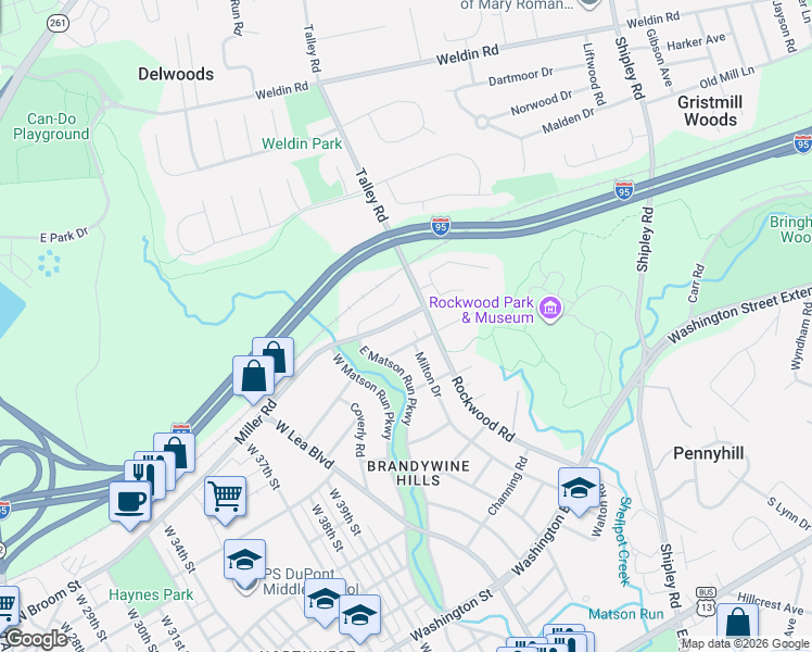 map of restaurants, bars, coffee shops, grocery stores, and more near 4410 Miller Road in Wilmington