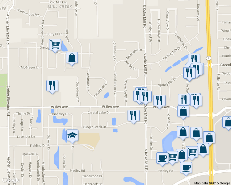 map of restaurants, bars, coffee shops, grocery stores, and more near 2308 Checkerberry Lane in Springfield