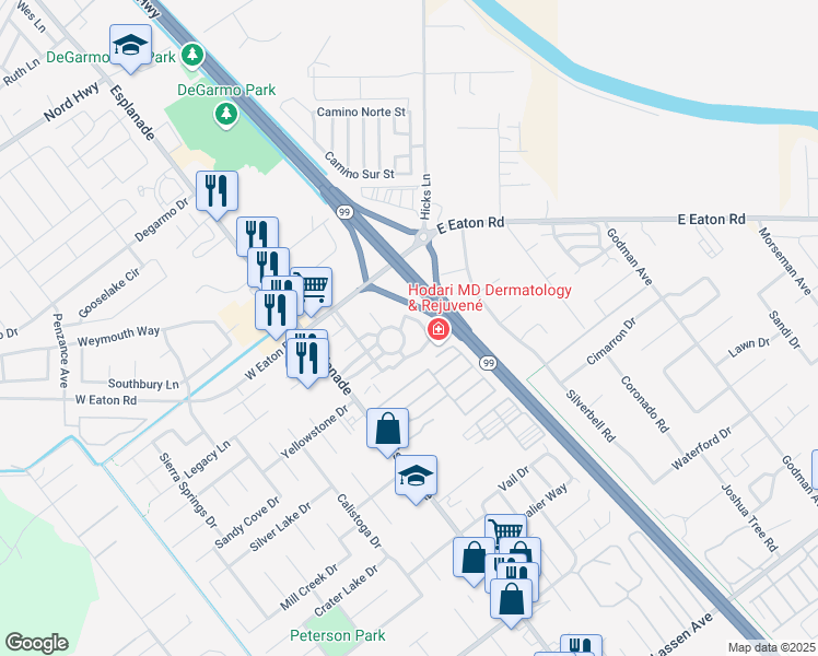 map of restaurants, bars, coffee shops, grocery stores, and more near 80 Independence Circle in Chico