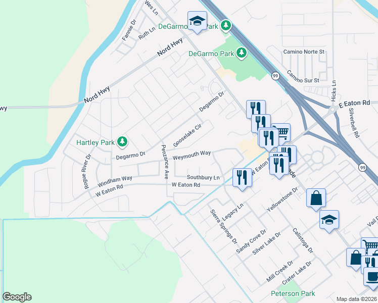 map of restaurants, bars, coffee shops, grocery stores, and more near 372 Weymouth Way in Chico