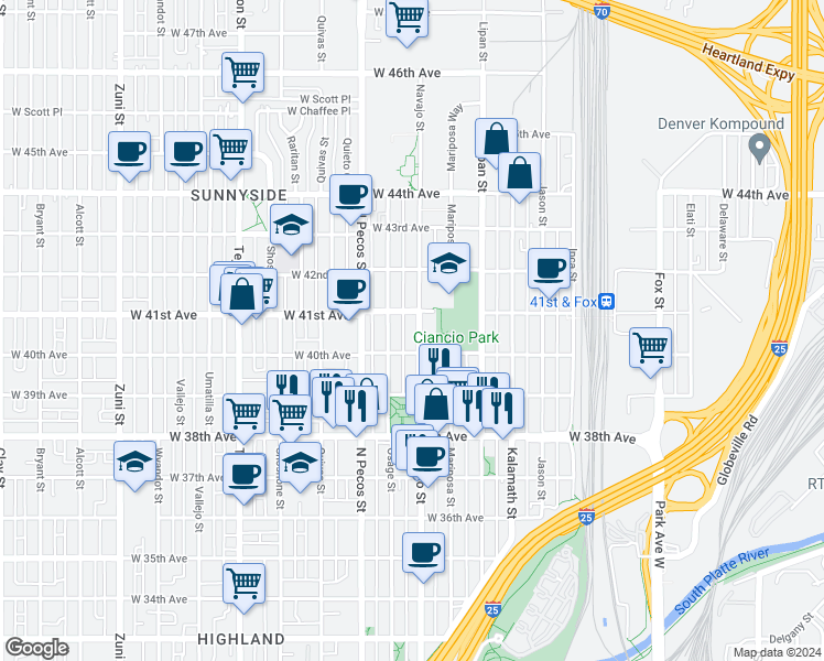 map of restaurants, bars, coffee shops, grocery stores, and more near 4033 Navajo Street in Denver