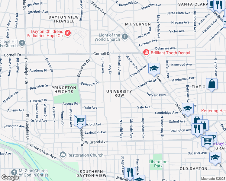 map of restaurants, bars, coffee shops, grocery stores, and more near 1348 Cory Drive in Dayton