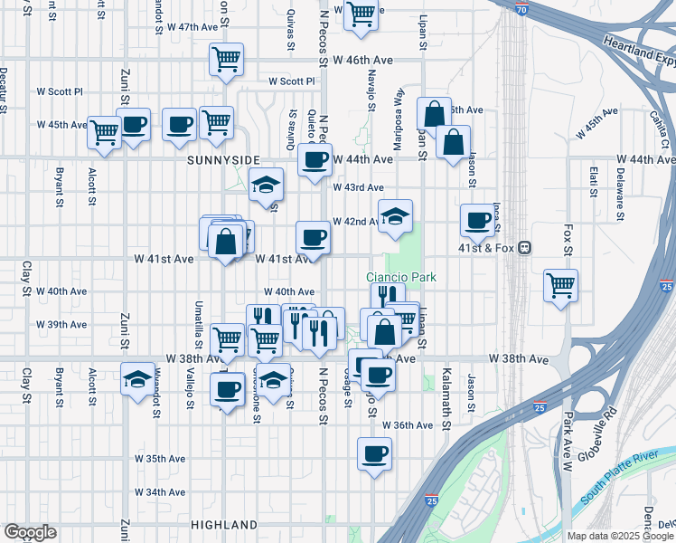 map of restaurants, bars, coffee shops, grocery stores, and more near 4031 Osage Street in Denver