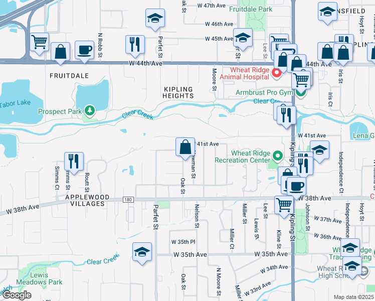 map of restaurants, bars, coffee shops, grocery stores, and more near 4086 Oak Street in Wheat Ridge