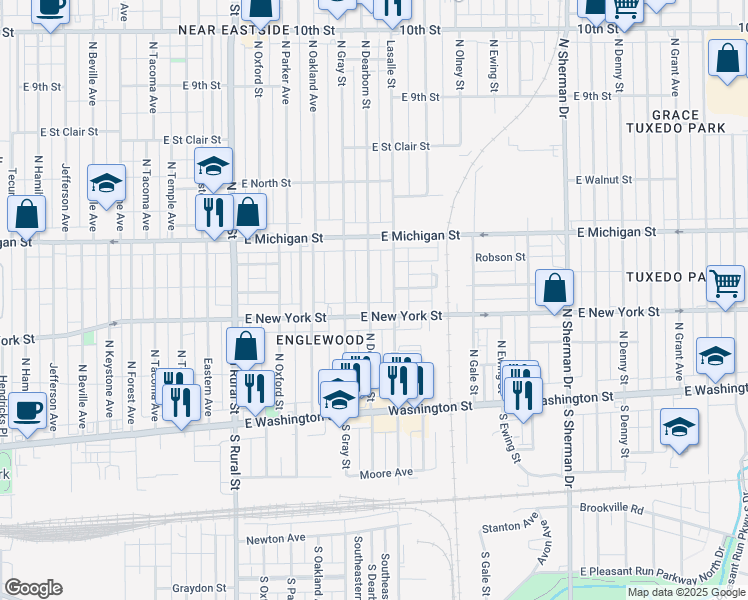 map of restaurants, bars, coffee shops, grocery stores, and more near 317 North Dearborn Street in Indianapolis
