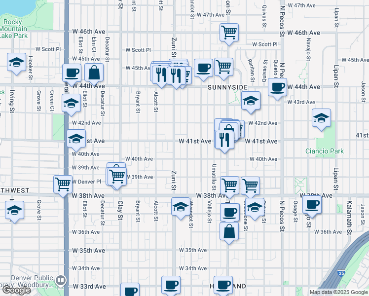 map of restaurants, bars, coffee shops, grocery stores, and more near 4039 Wyandot Street in Denver