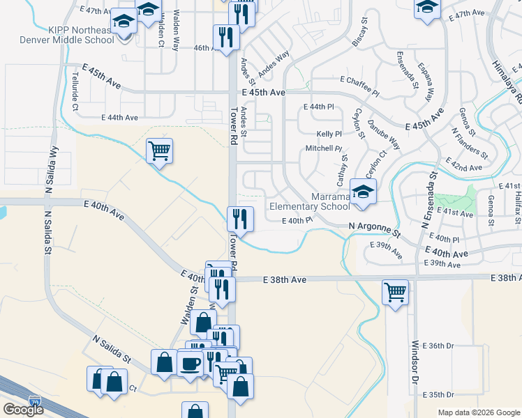 map of restaurants, bars, coffee shops, grocery stores, and more near 4105 Andes Court in Denver