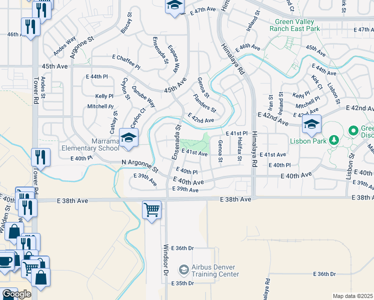 map of restaurants, bars, coffee shops, grocery stores, and more near 19499 East 41st Avenue in Denver