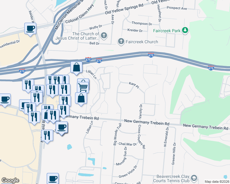 map of restaurants, bars, coffee shops, grocery stores, and more near 2867 Big Woods Trail in Dayton