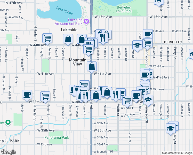 map of restaurants, bars, coffee shops, grocery stores, and more near 3975 Zenobia Street in Denver