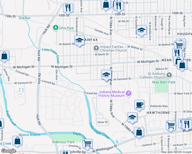map of restaurants, bars, coffee shops, grocery stores, and more near 416 North Berwick Avenue in Indianapolis