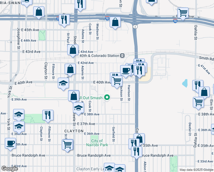 map of restaurants, bars, coffee shops, grocery stores, and more near 3660 East 40th Avenue in Denver