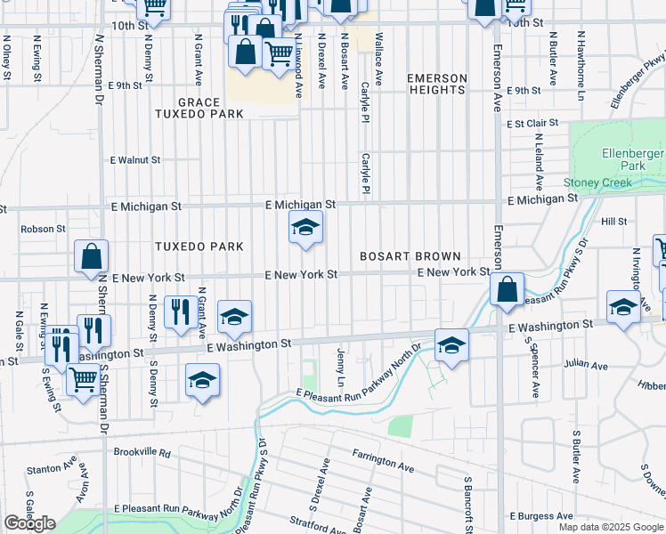 map of restaurants, bars, coffee shops, grocery stores, and more near 307 North Drexel Avenue in Indianapolis