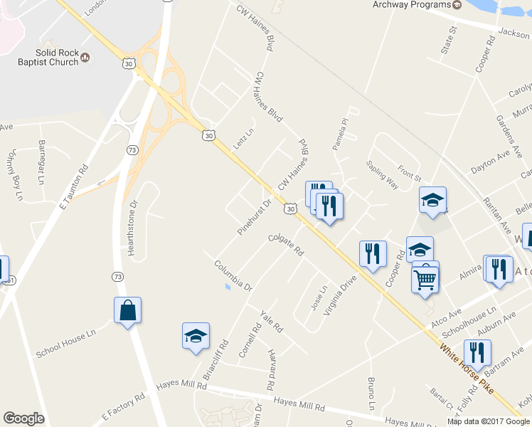 map of restaurants, bars, coffee shops, grocery stores, and more near 24 Pinehurst Drive in Atco