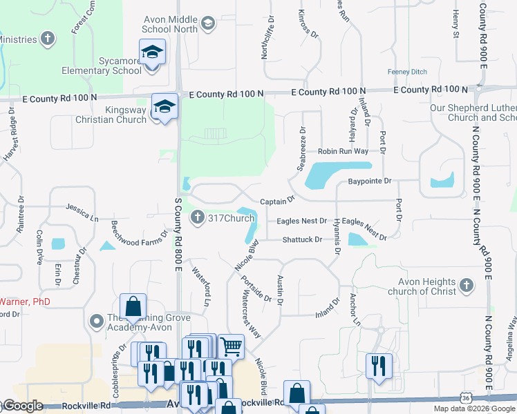 map of restaurants, bars, coffee shops, grocery stores, and more near 8255 Captain Drive in Avon