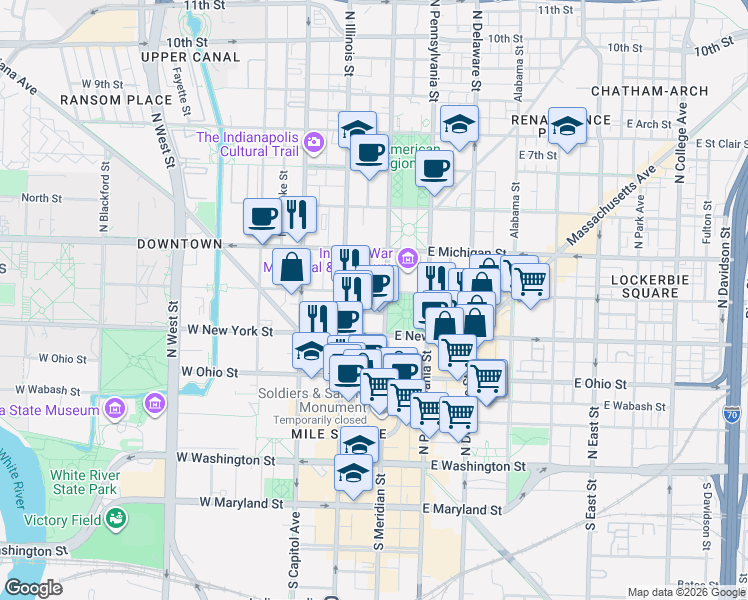 map of restaurants, bars, coffee shops, grocery stores, and more near 350 North Meridian Street in Indianapolis