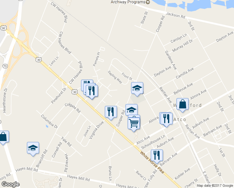 map of restaurants, bars, coffee shops, grocery stores, and more near 2308 Susan Court in Atco