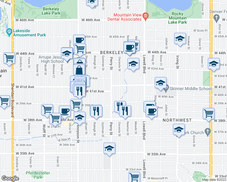 map of restaurants, bars, coffee shops, grocery stores, and more near 4016 Perry Street in Denver